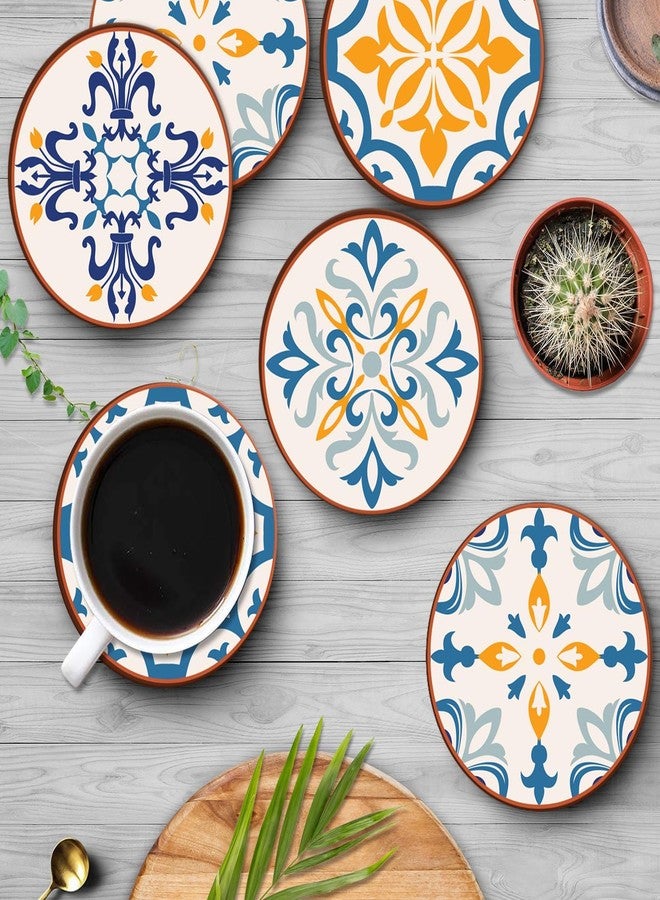 Bribay Coaster for Drinks Set of 6, Colorful Ceramic Talavera Flower Vintage Absorbent Round Ceramic Stone Mat, with Cork Base and Metal Holder, Gift for Housewarming Room Bar Decor - Image 4
